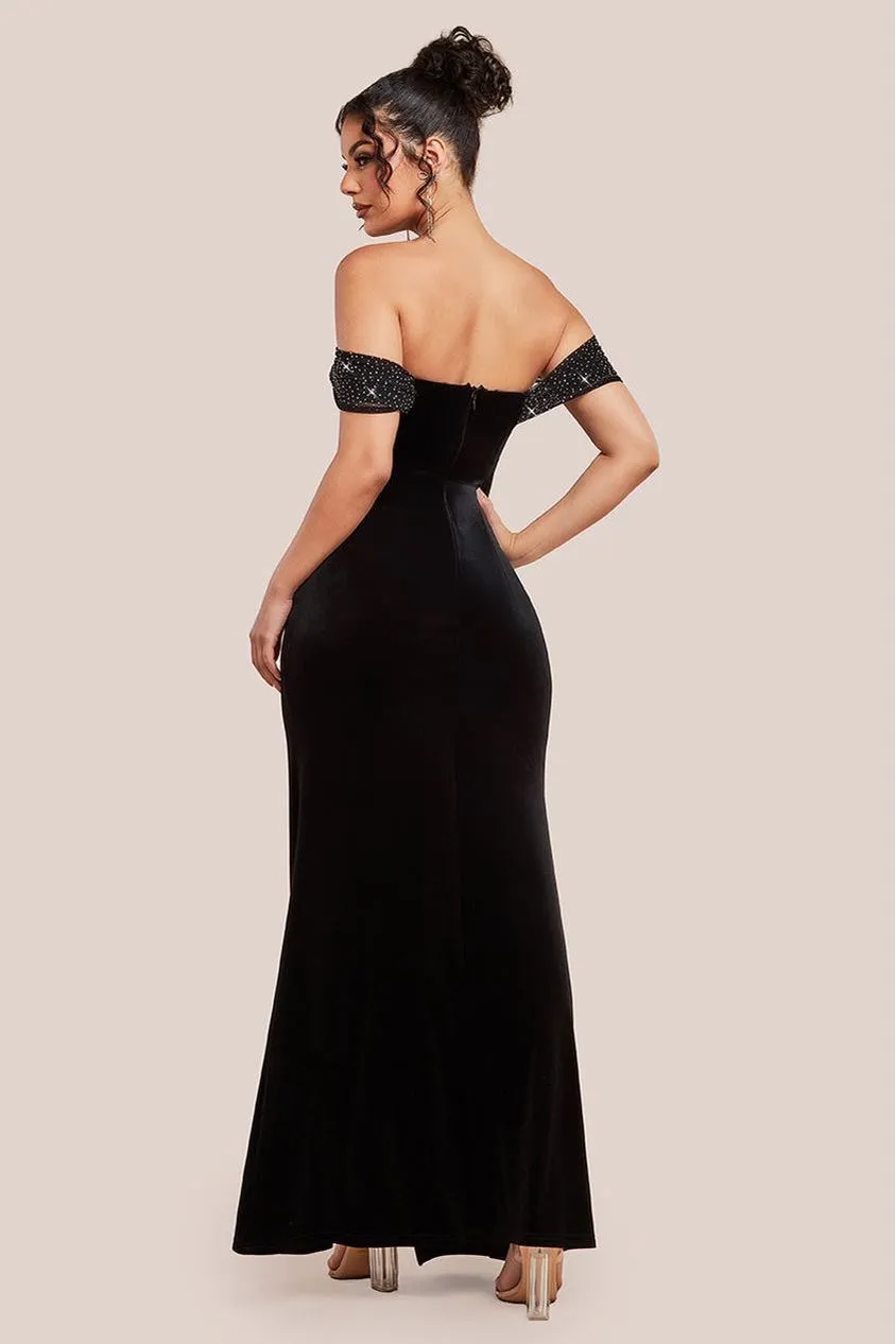 Goddiva Off Shoulder Hotfix Diamante Wing Velvet Maxi Dress - Black