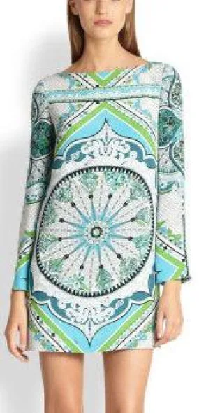 Green Printed Long-Sleeve Mini Jersey Silk Dress