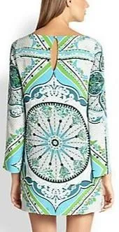 Green Printed Long-Sleeve Mini Jersey Silk Dress