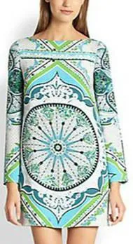 Green Printed Long-Sleeve Mini Jersey Silk Dress