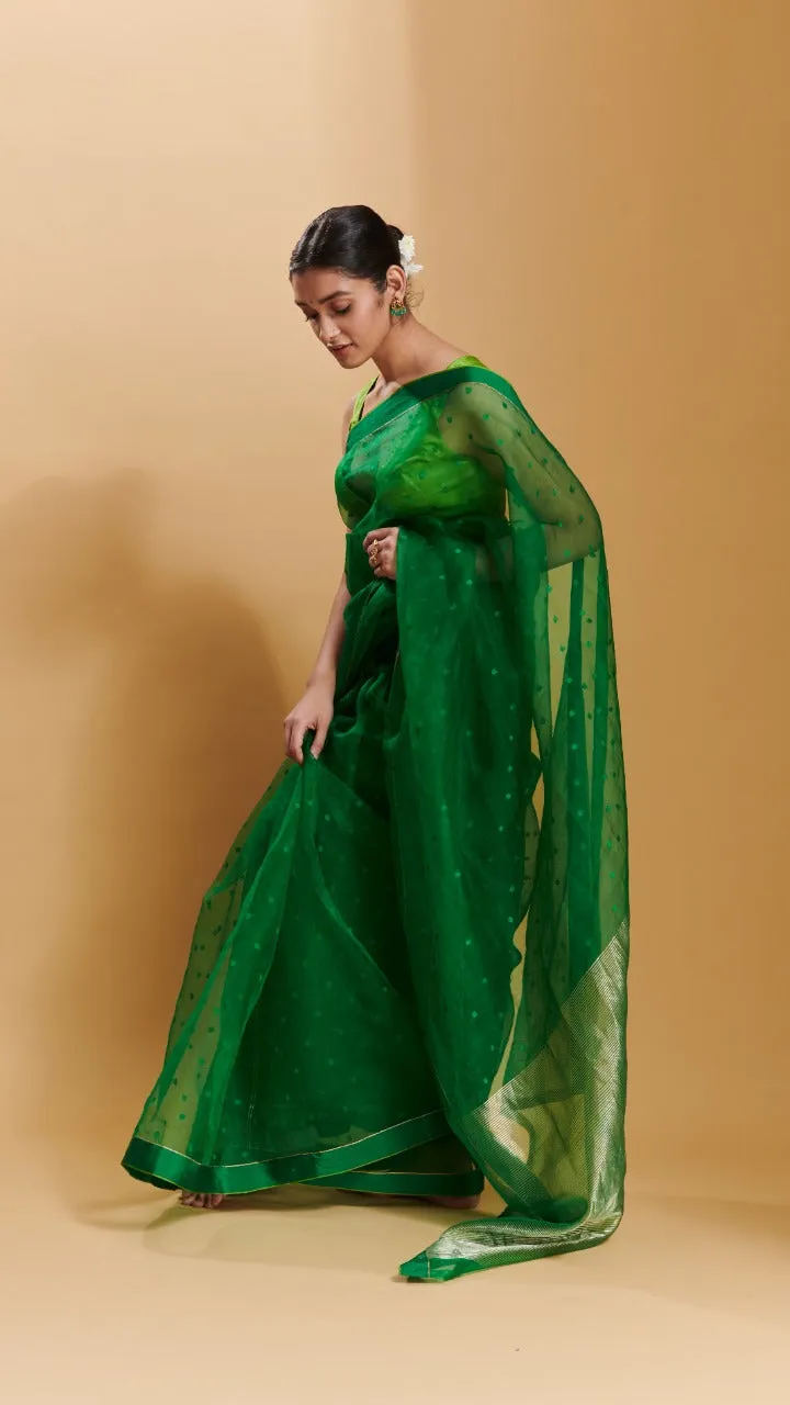 Green Wildflower Meadow jamdani dots silk saree