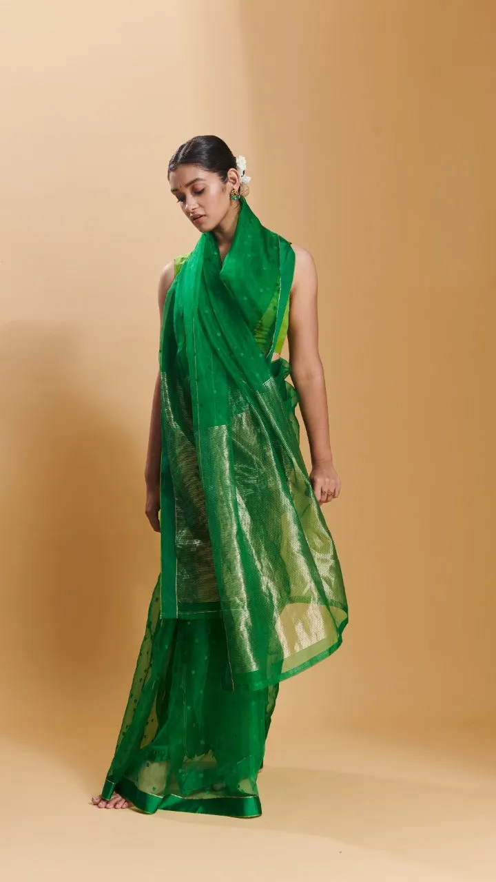 Green Wildflower Meadow jamdani dots silk saree