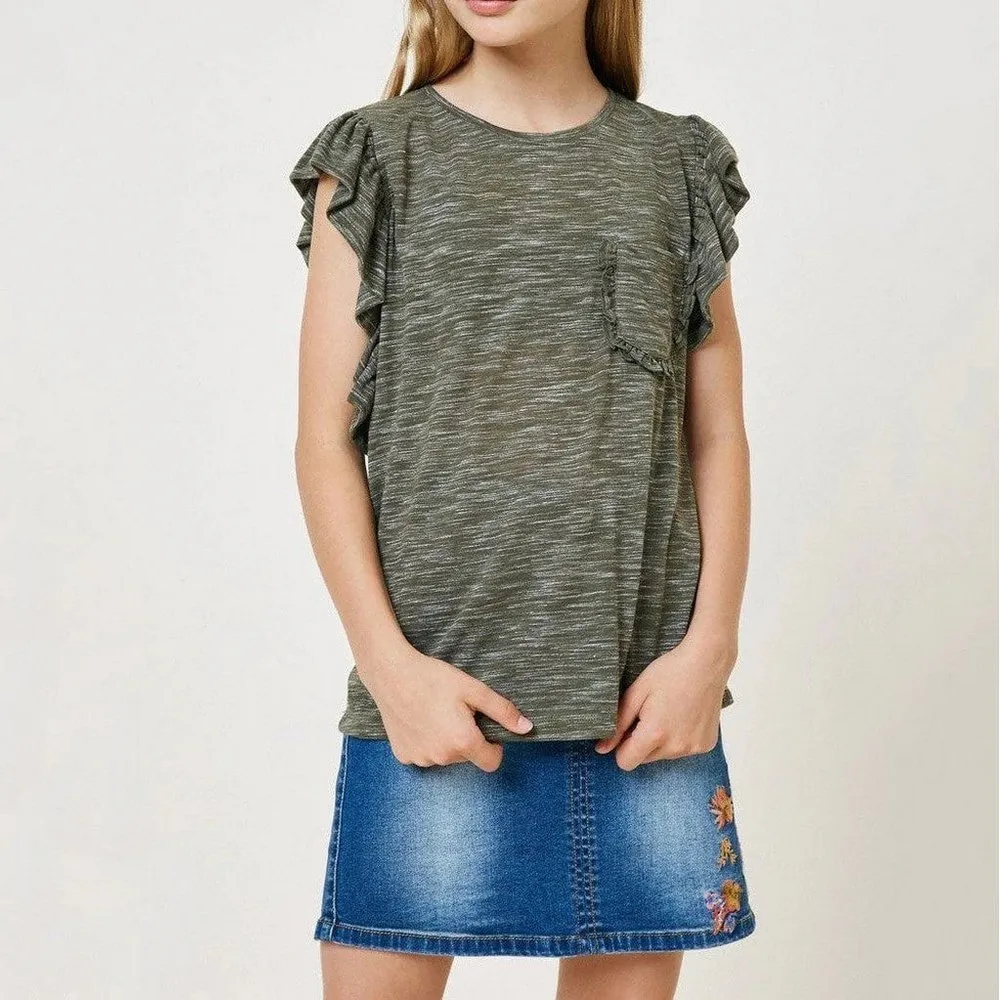 Hayden Los Angeles Heathered Ruffle Pocket Tee