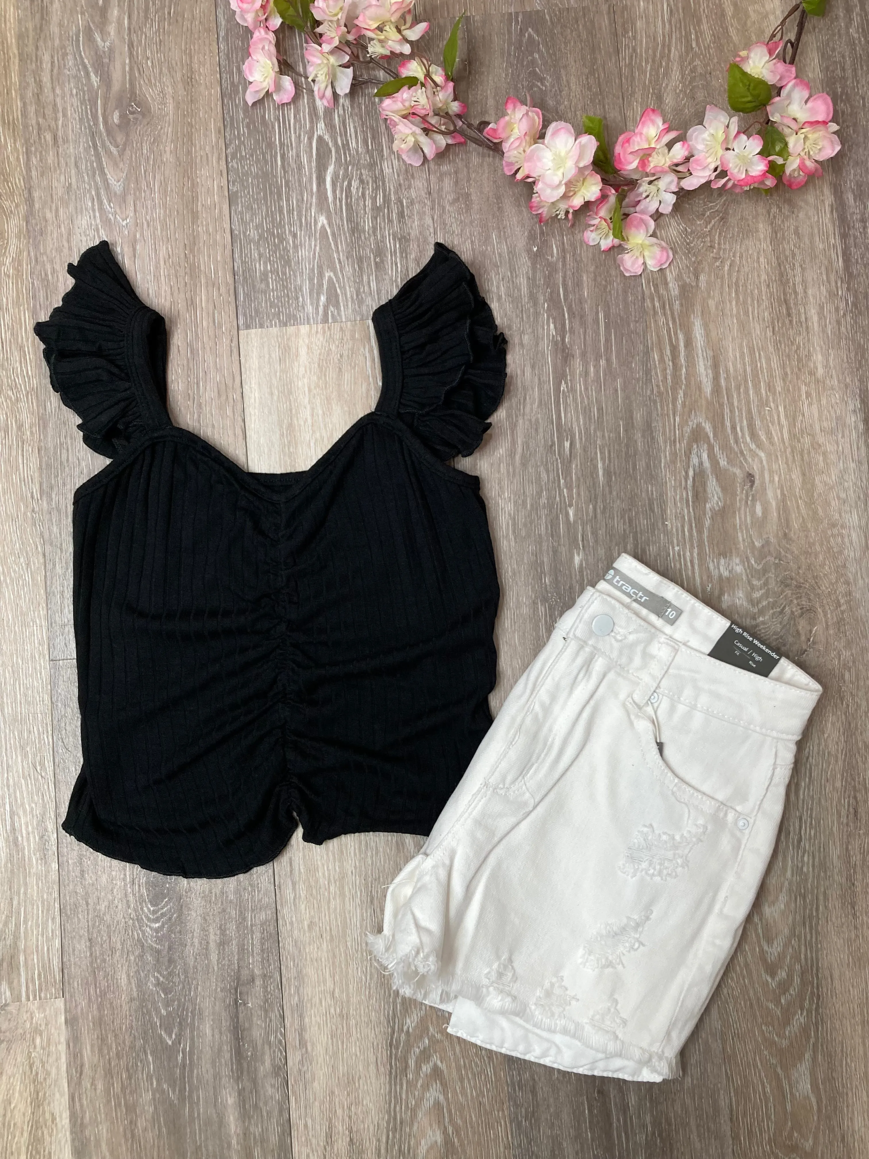 IFS Black Ribbed Flutter Sleeve Cinched Top