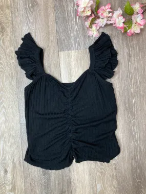 IFS Black Ribbed Flutter Sleeve Cinched Top