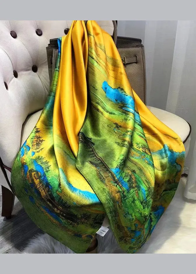 Italian Green Print Women Comfy Silk Scarf ML2311