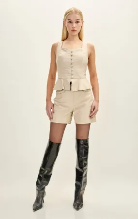 Lambskin Leather Full Button Closure Top - Beige