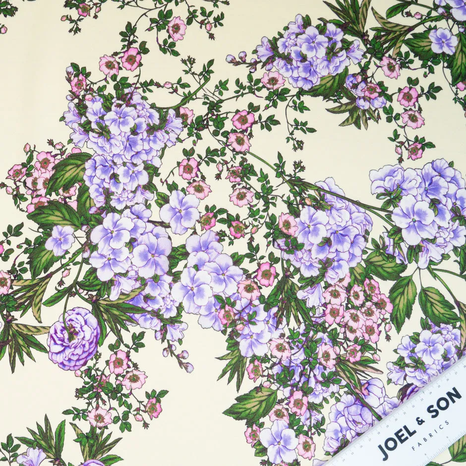 Lavender & Pink Floral Printed Cream Silk Marocain Crêpe