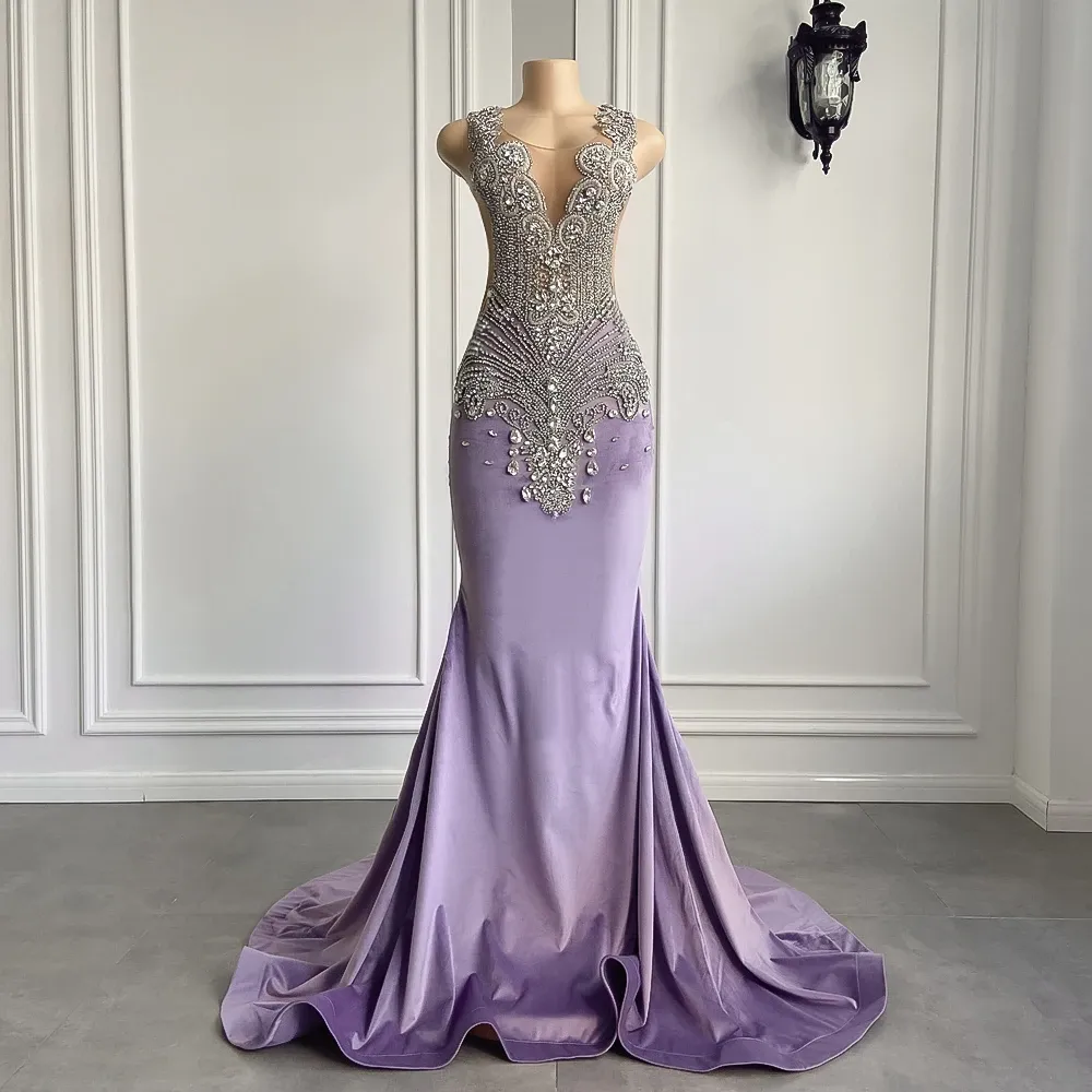 Long Sparkly Prom Dresses 2024 Gorgeous Sexy Mermaid Style Silver Diamond Black Girls Lavender Velvet Prom Gala Formal Gowns