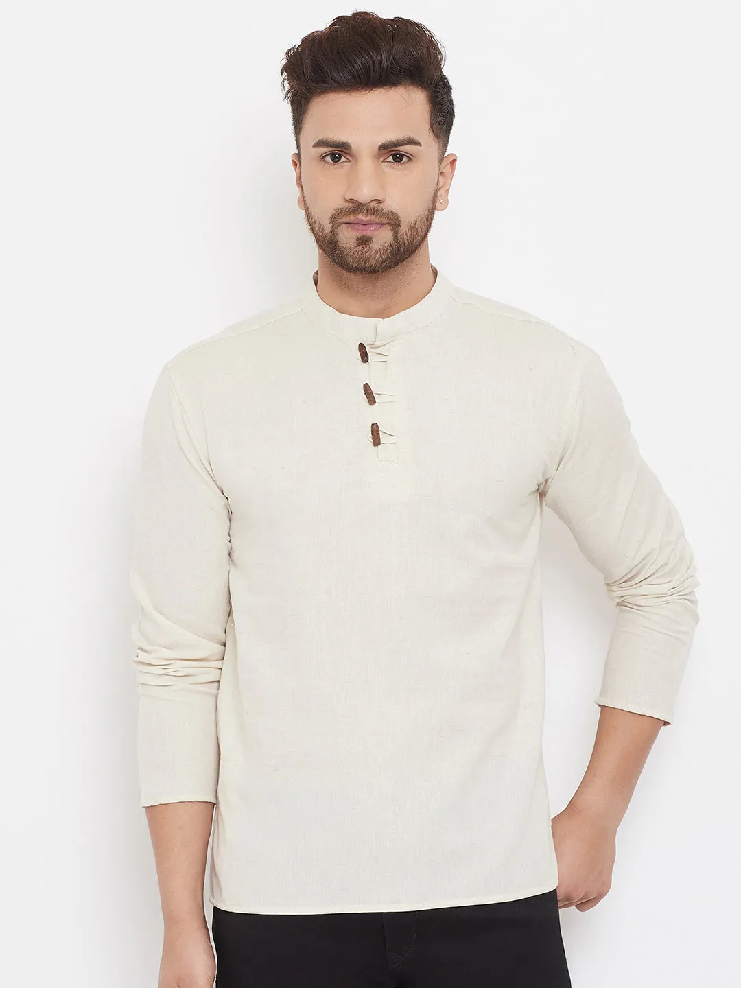 Men's Cream Button Placket Shirt Kurta - Even Apparels