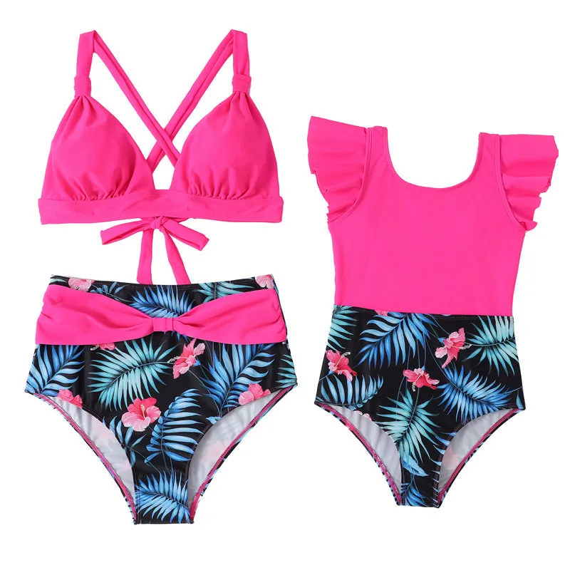 Mom and Daughter Tropical Print Ruffle High Waisted Matching Swimsuit