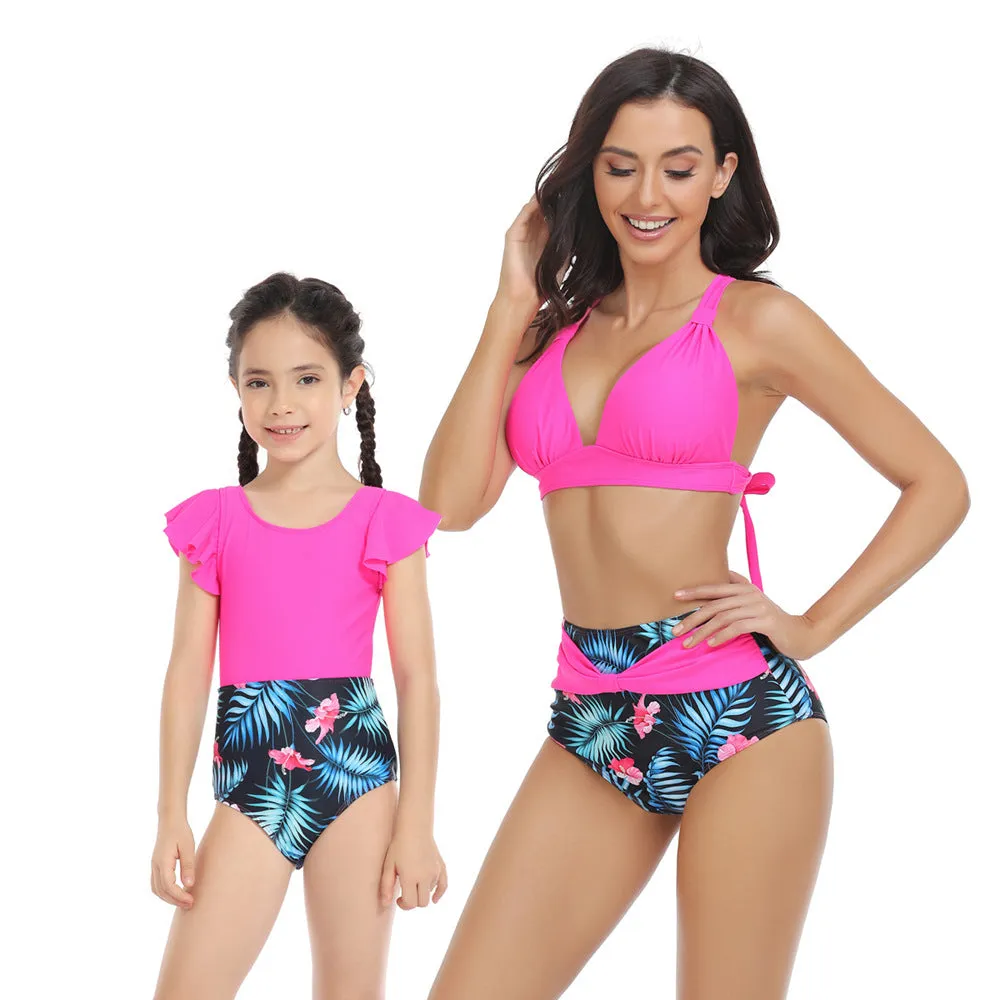 Mom and Daughter Tropical Print Ruffle High Waisted Matching Swimsuit