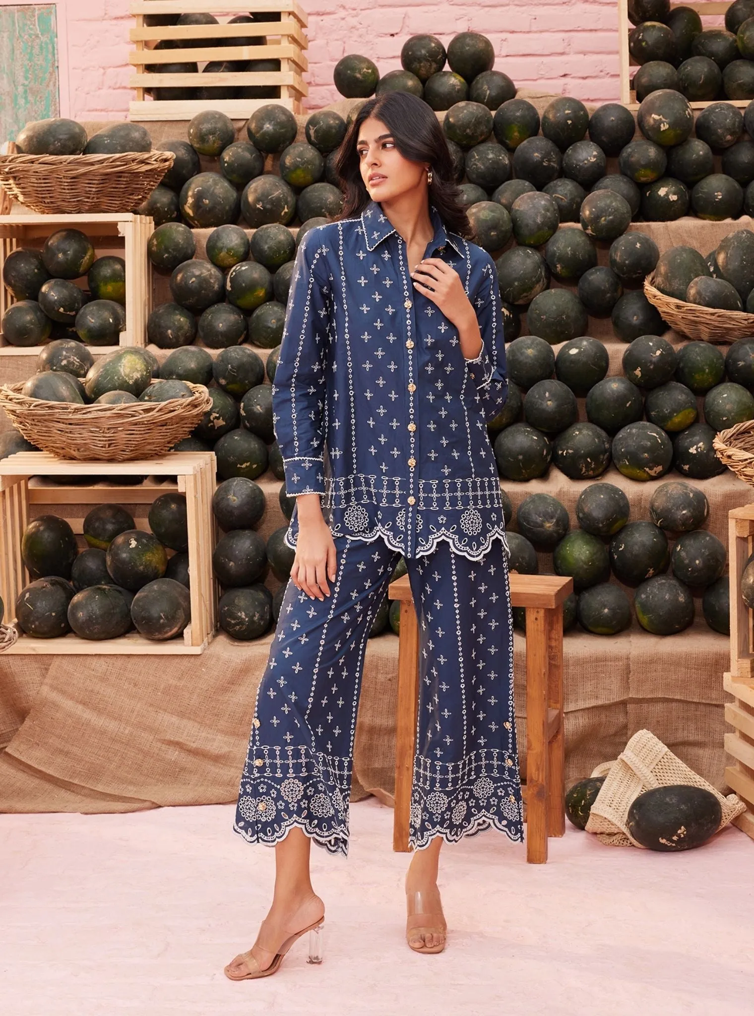 Mulmul Cotton Inaya Navy Shirt With Mulmul Cotton Inaya Navy Pant