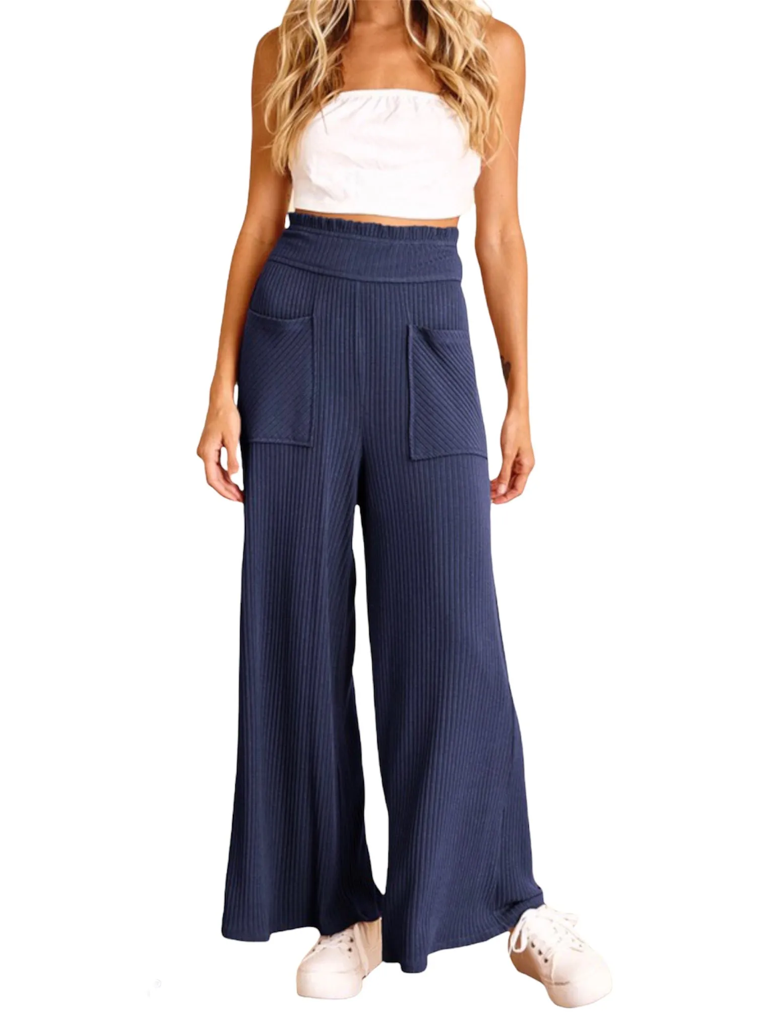 Navy  Ribbed High Waisted Flare Bottoms