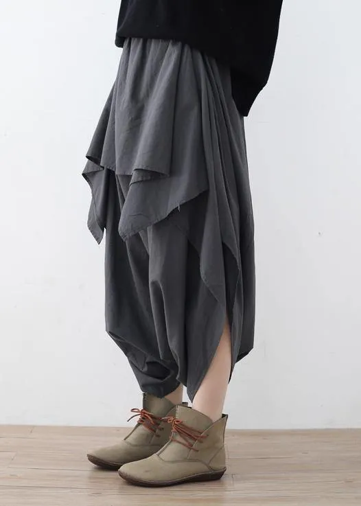 New original design gray literary irregular asymmetric wide-legged casual cropped trousers