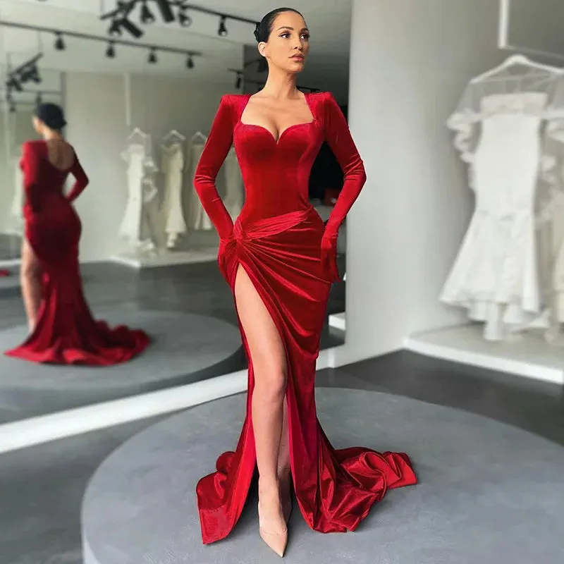 On-Trend Velvet High-Slit Evening Gown