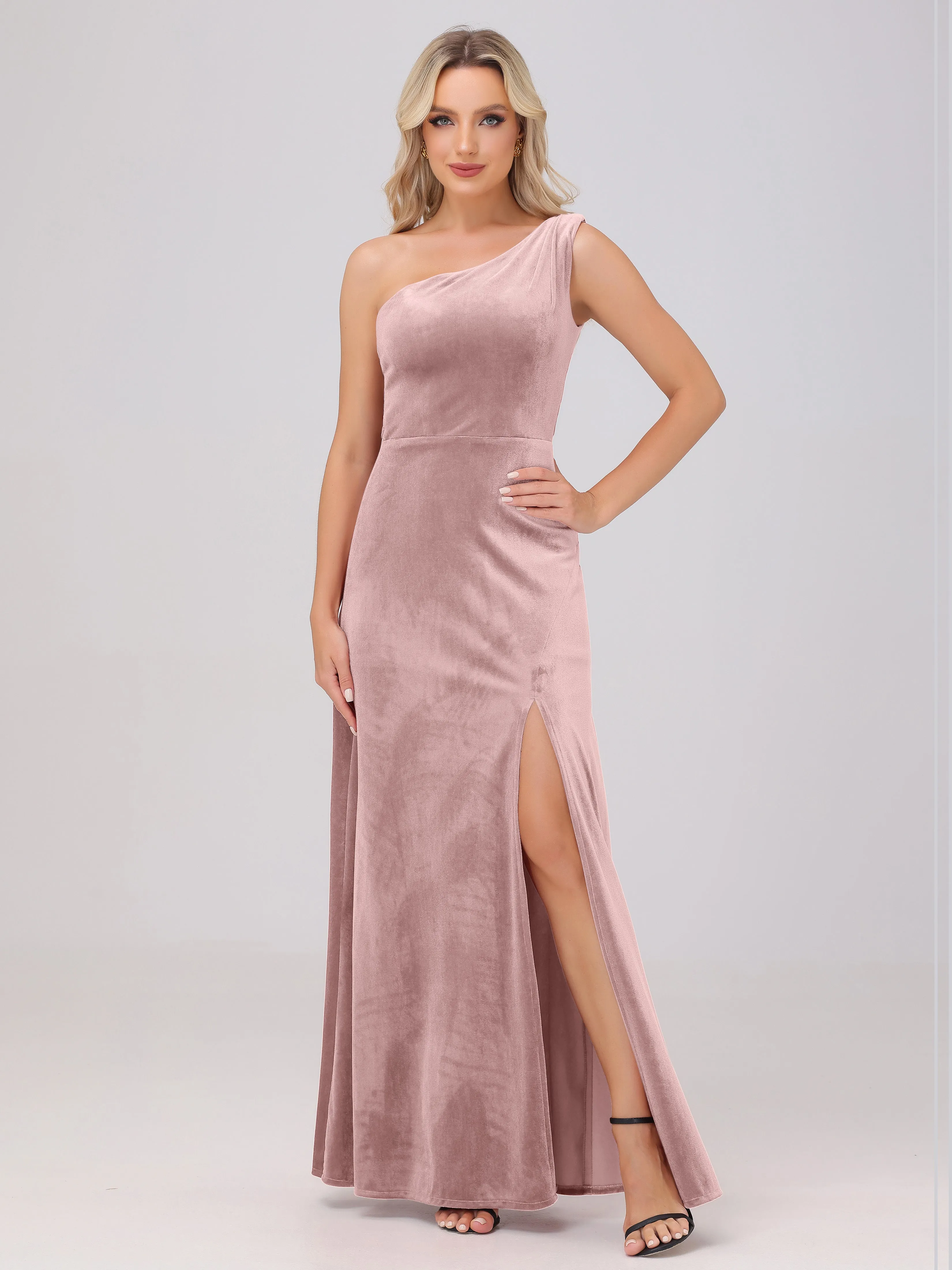 One Shoulder Sleeveless Long Velvet Bridesmaid Dresses With Split