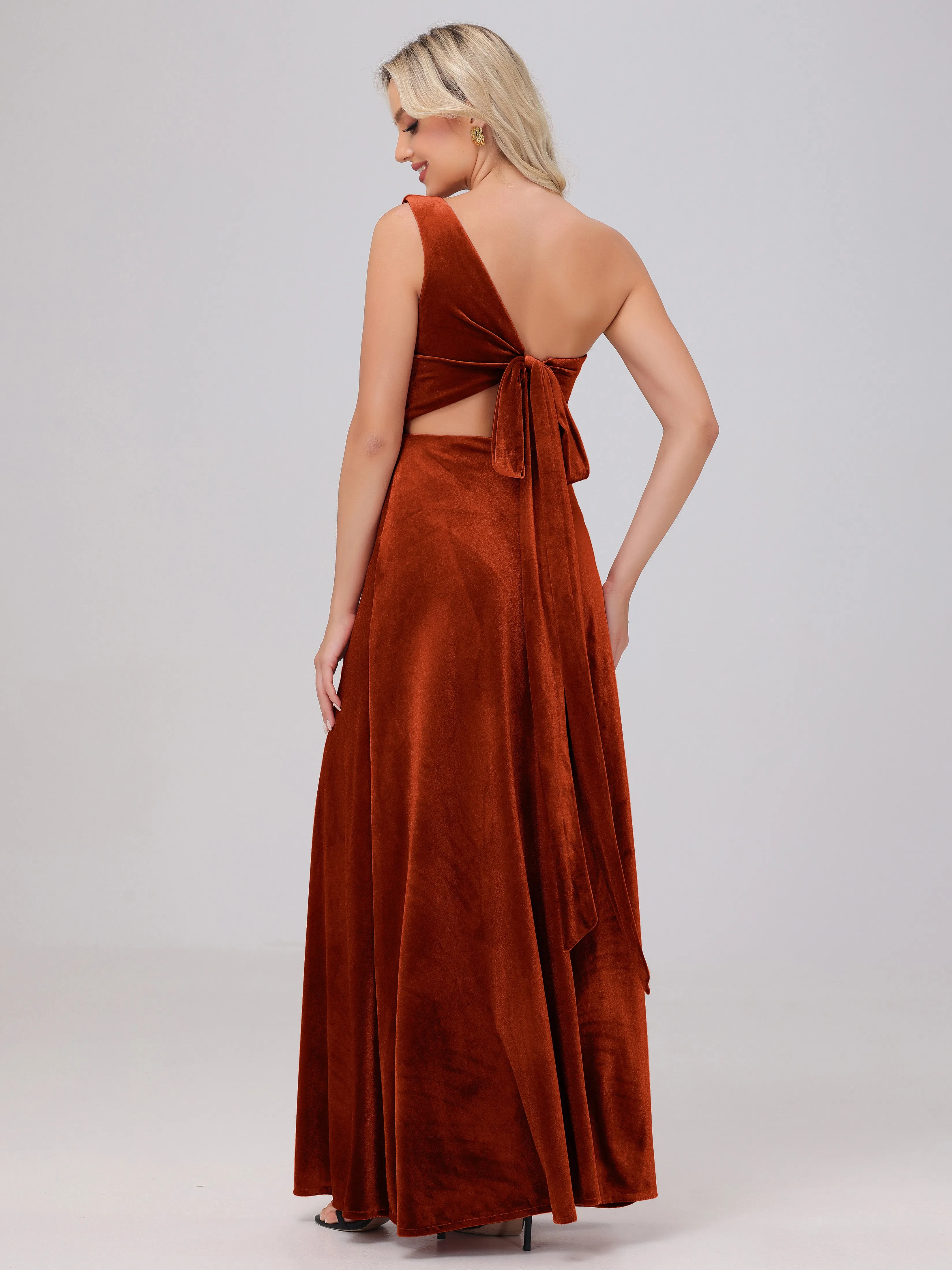 One Shoulder Sleeveless Long Velvet Bridesmaid Dresses With Split