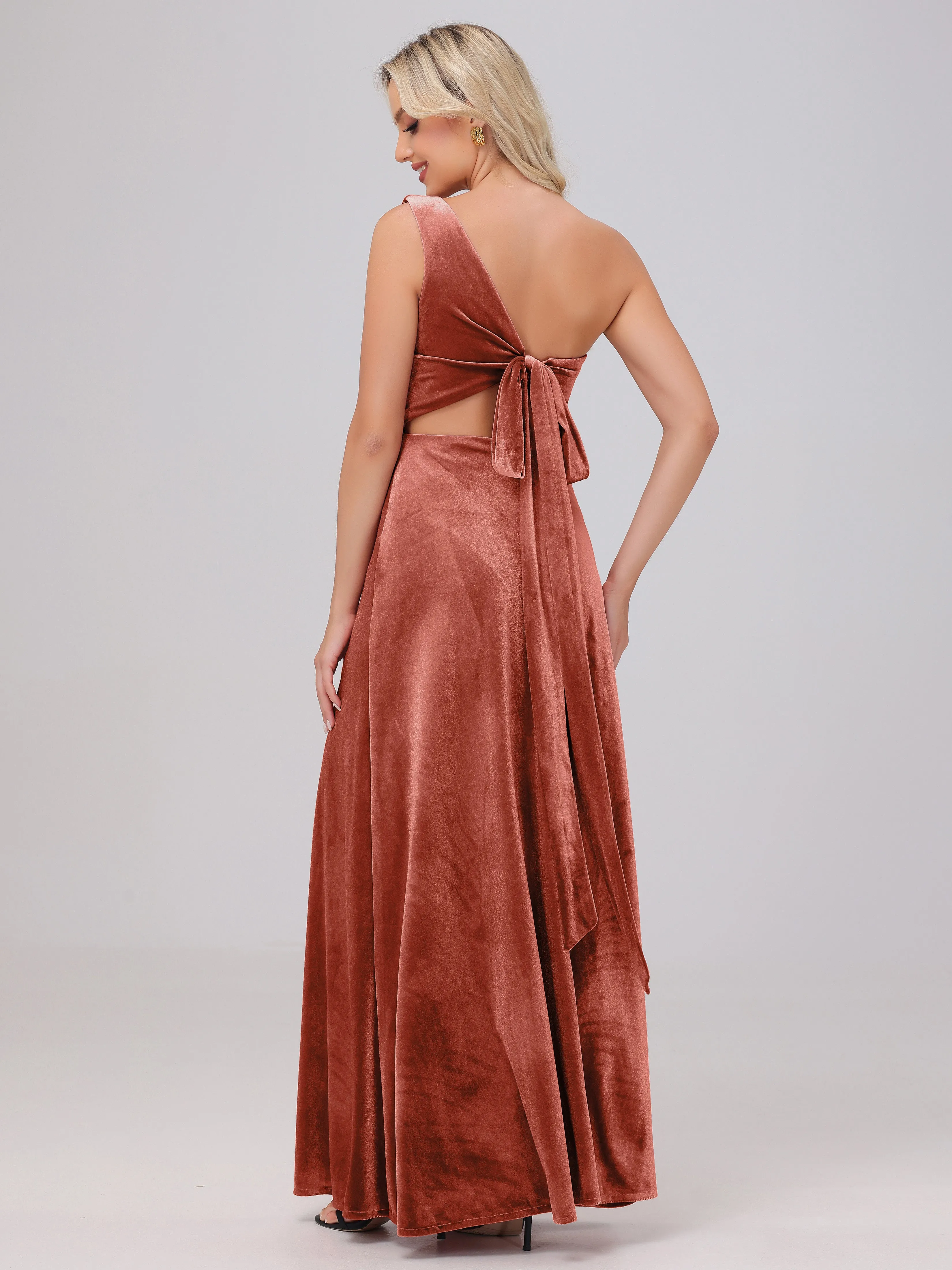 One Shoulder Sleeveless Long Velvet Bridesmaid Dresses With Split