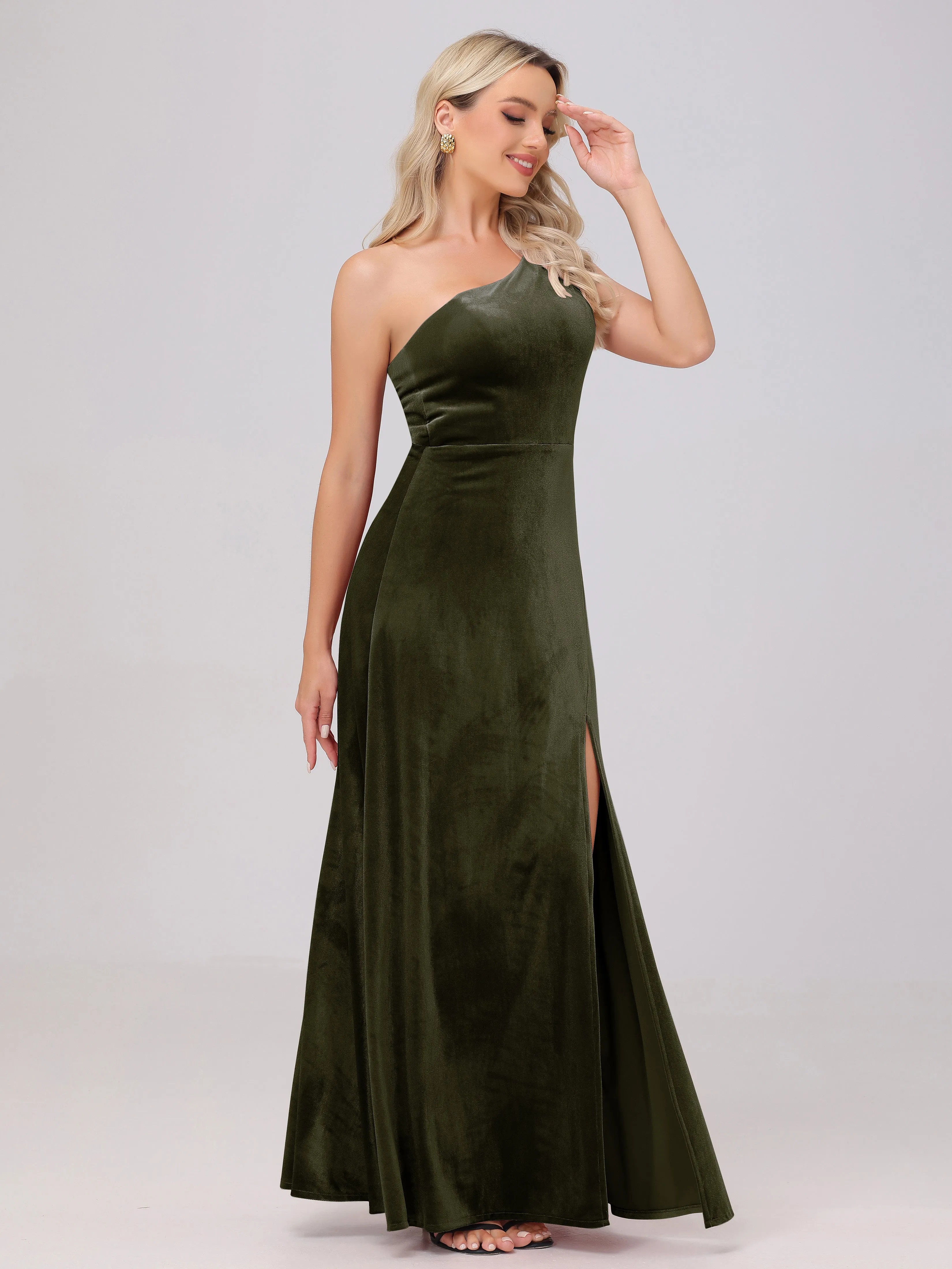 One Shoulder Sleeveless Long Velvet Bridesmaid Dresses With Split