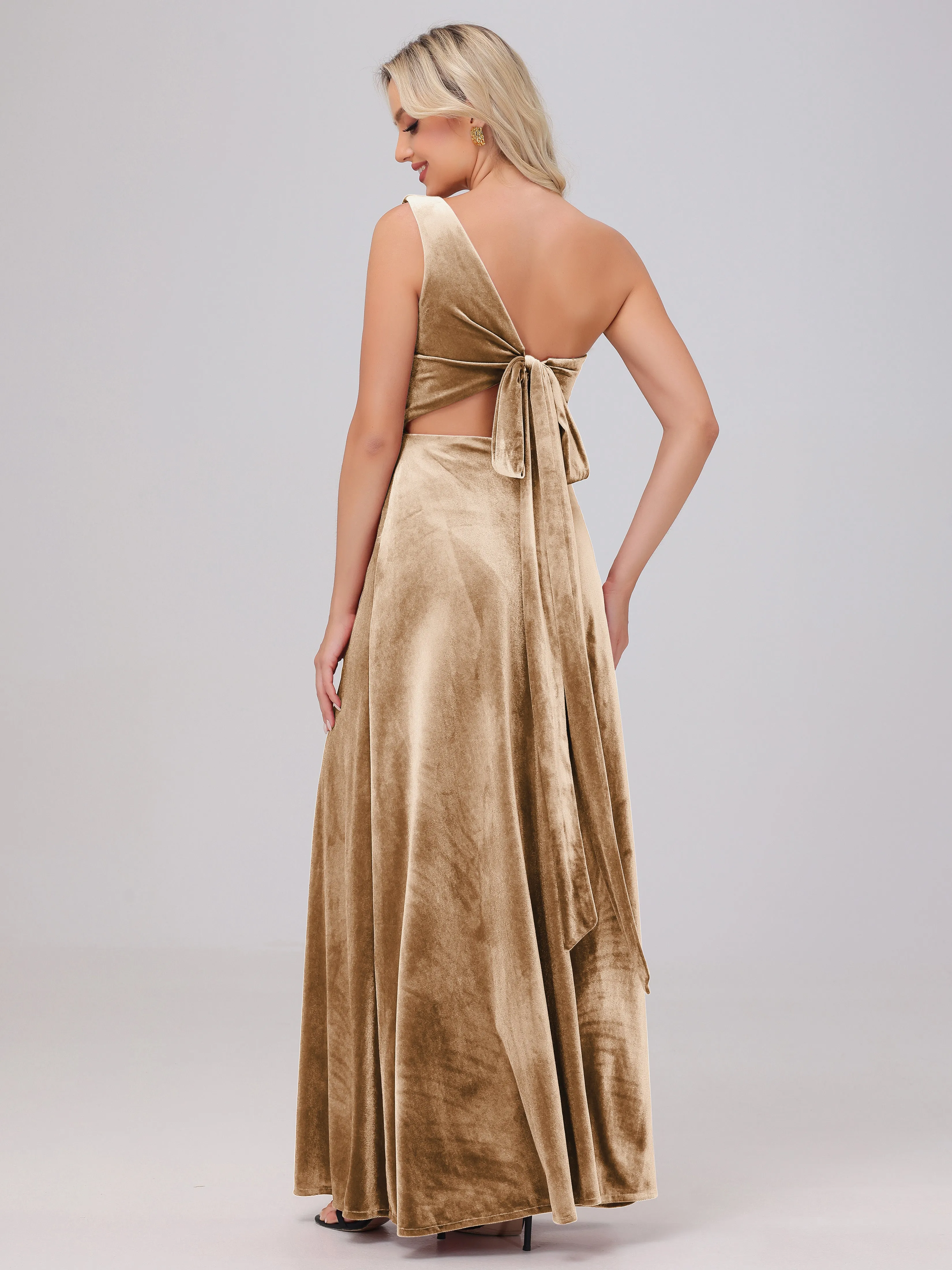 One Shoulder Sleeveless Long Velvet Bridesmaid Dresses With Split