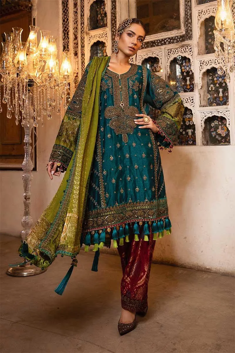 Pakistani designer party dress in Teal, green & ruby color # P2252