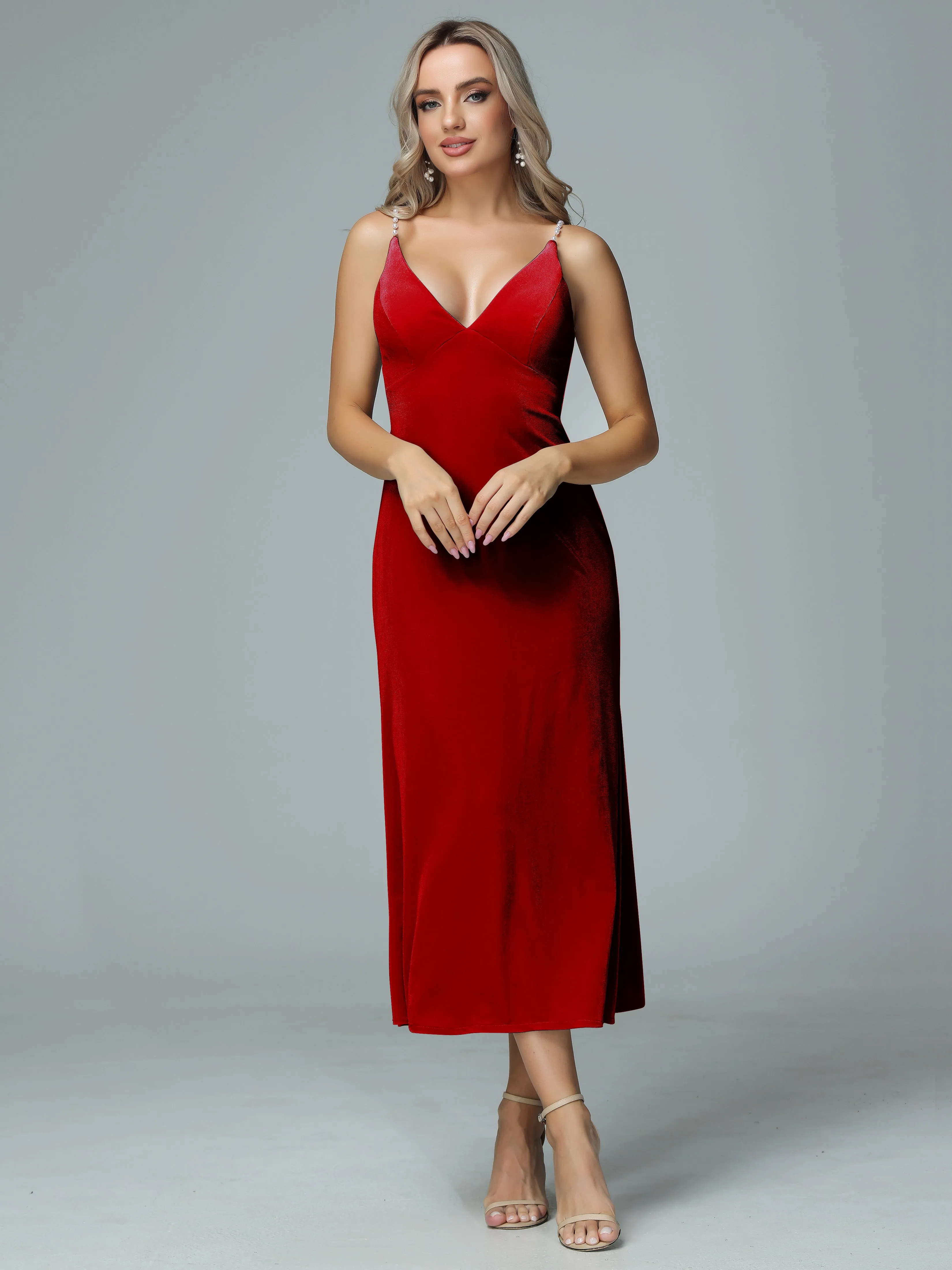 Pearl Straps V-neck Velvet Bridesmaid Dresses