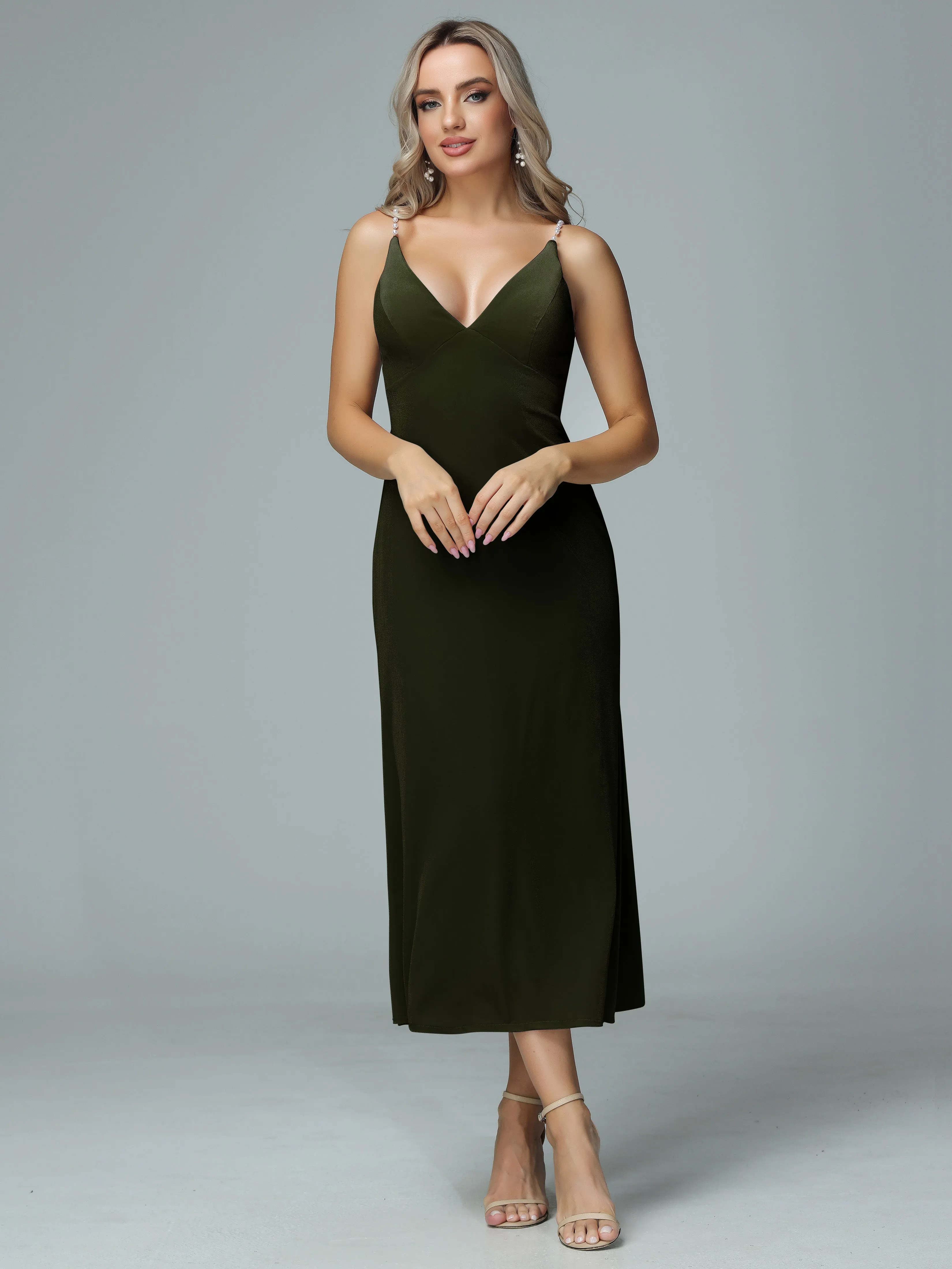 Pearl Straps V-neck Velvet Bridesmaid Dresses