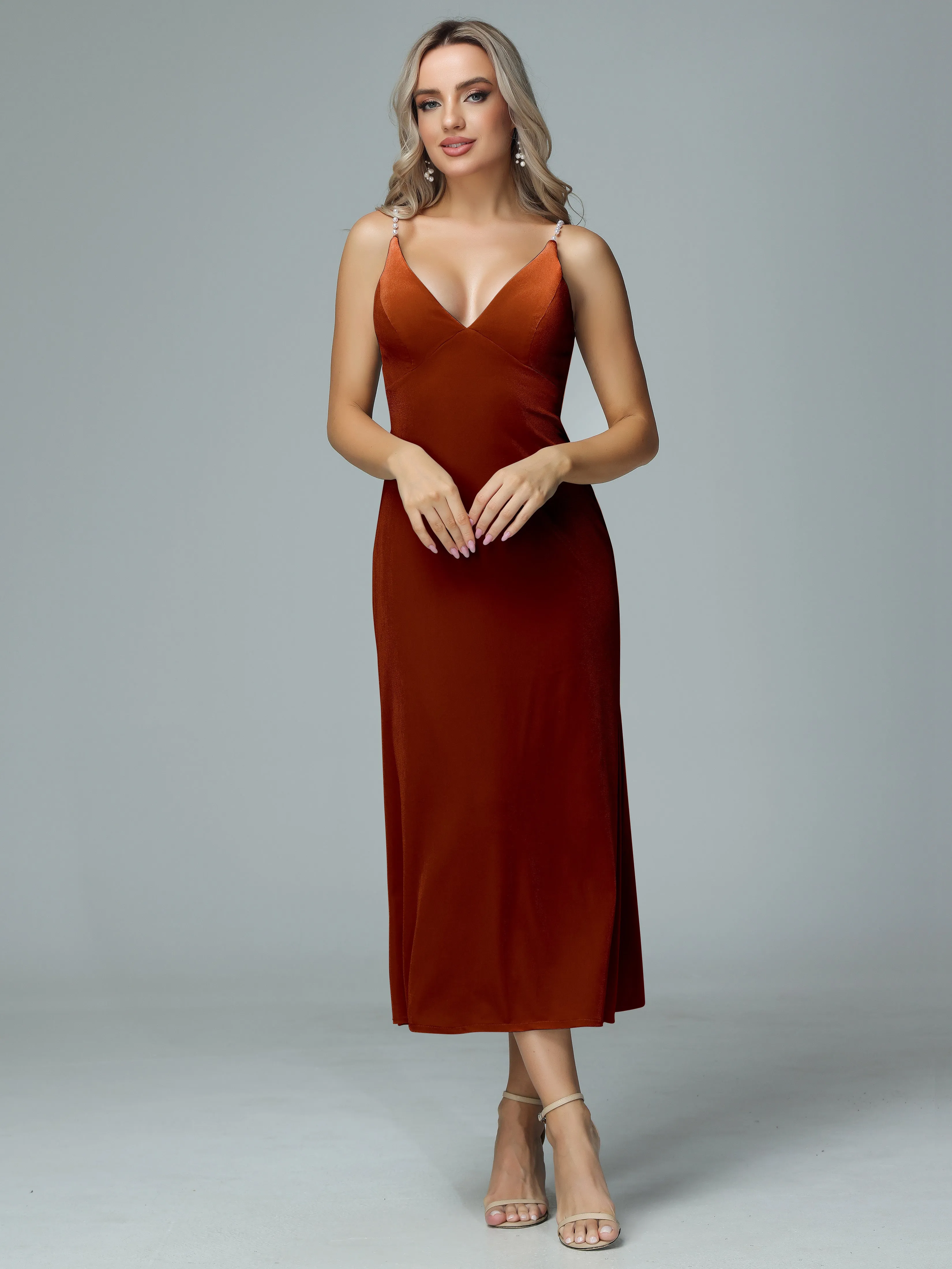 Pearl Straps V-neck Velvet Bridesmaid Dresses