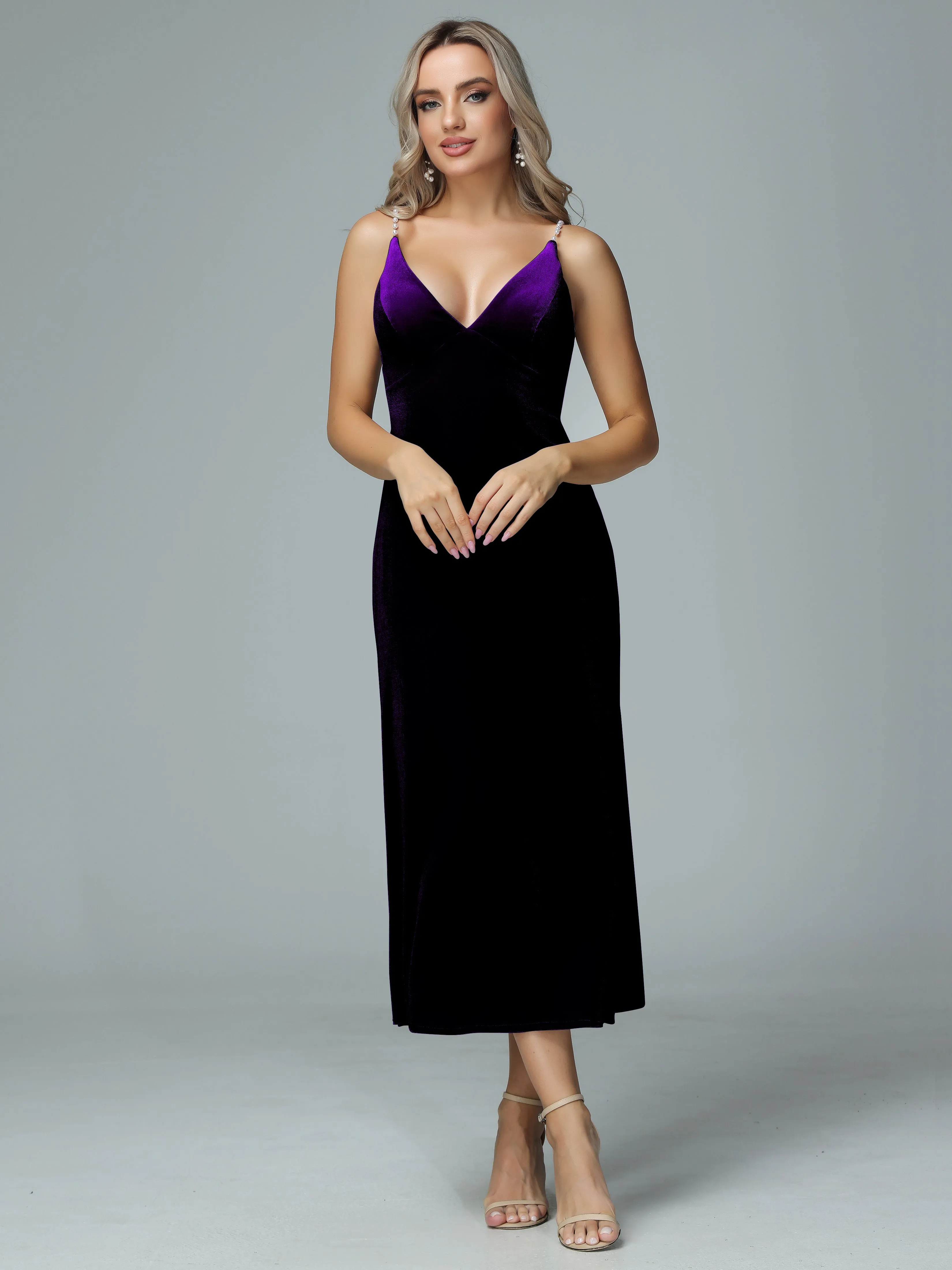 Pearl Straps V-neck Velvet Bridesmaid Dresses