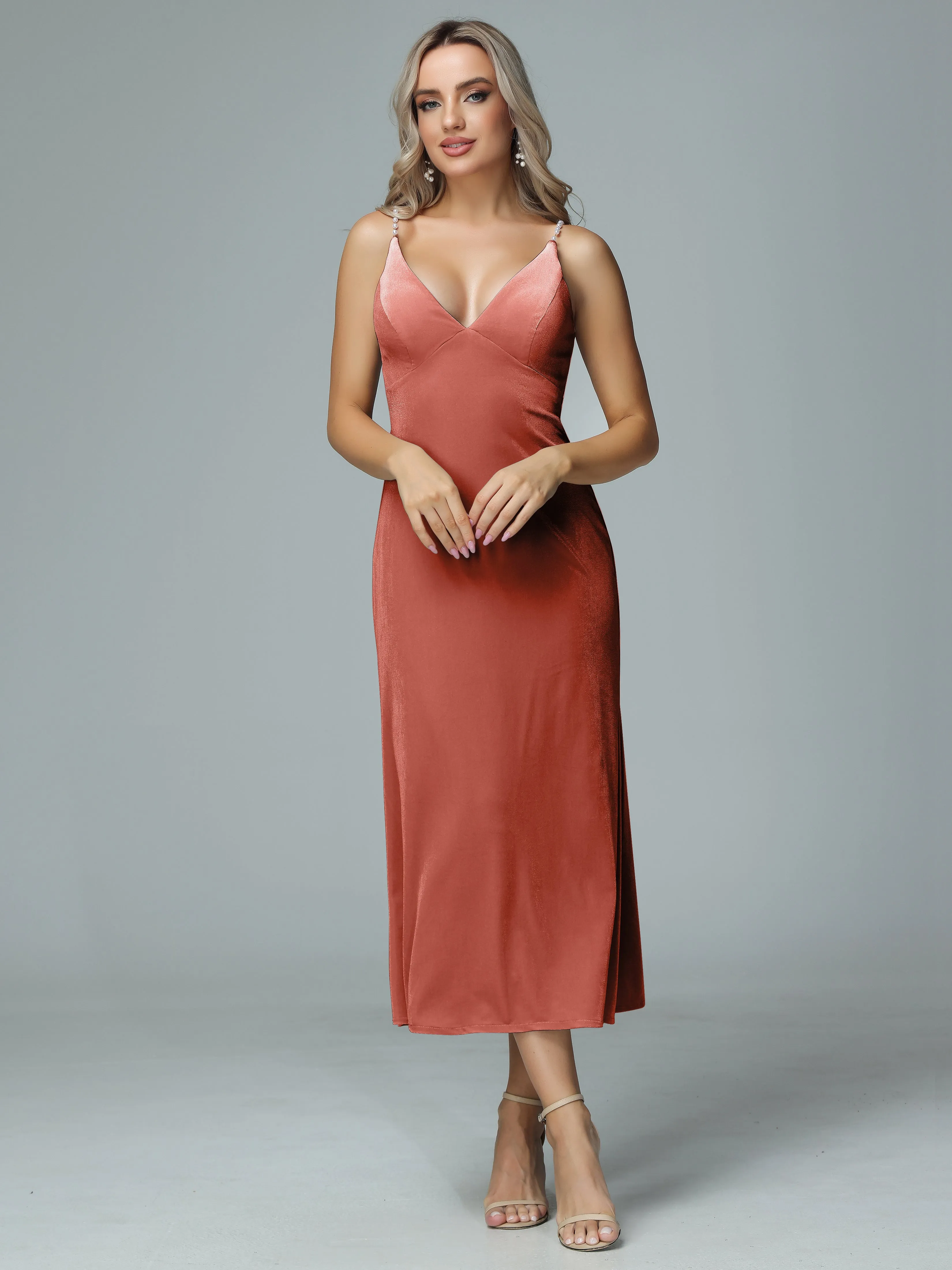 Pearl Straps V-neck Velvet Bridesmaid Dresses