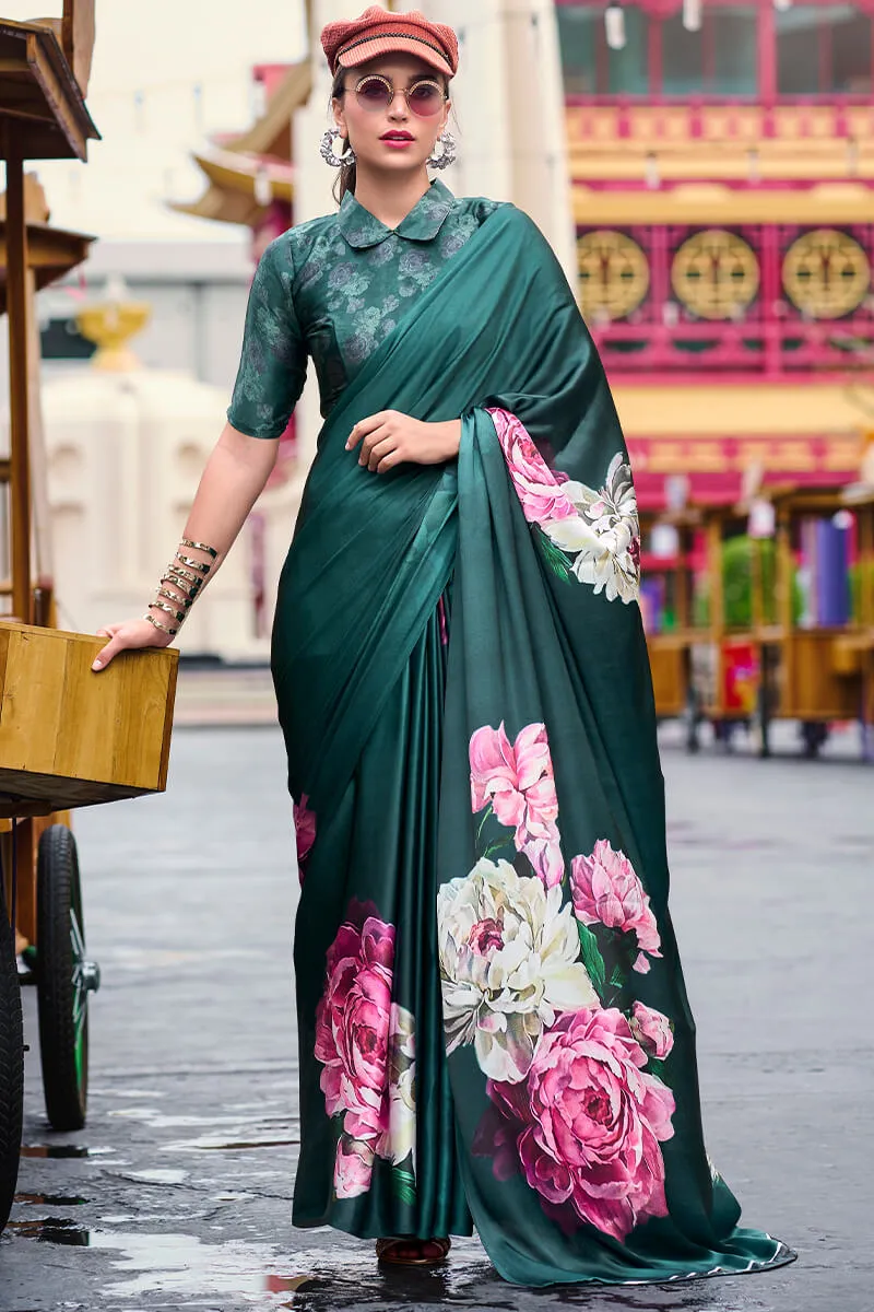 Pleasant Dark Green Digital Printed Satin Silk Saree With Stunner Blouse Piece