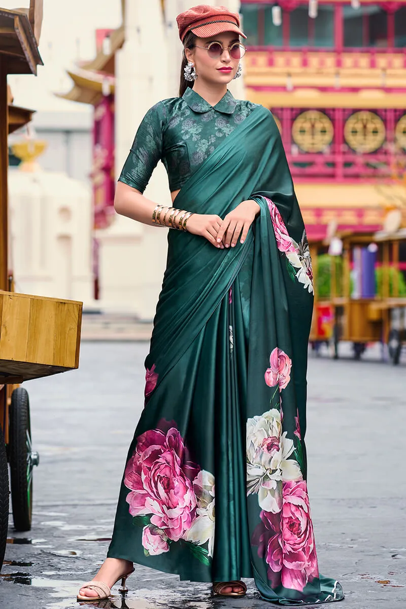 Pleasant Dark Green Digital Printed Satin Silk Saree With Stunner Blouse Piece