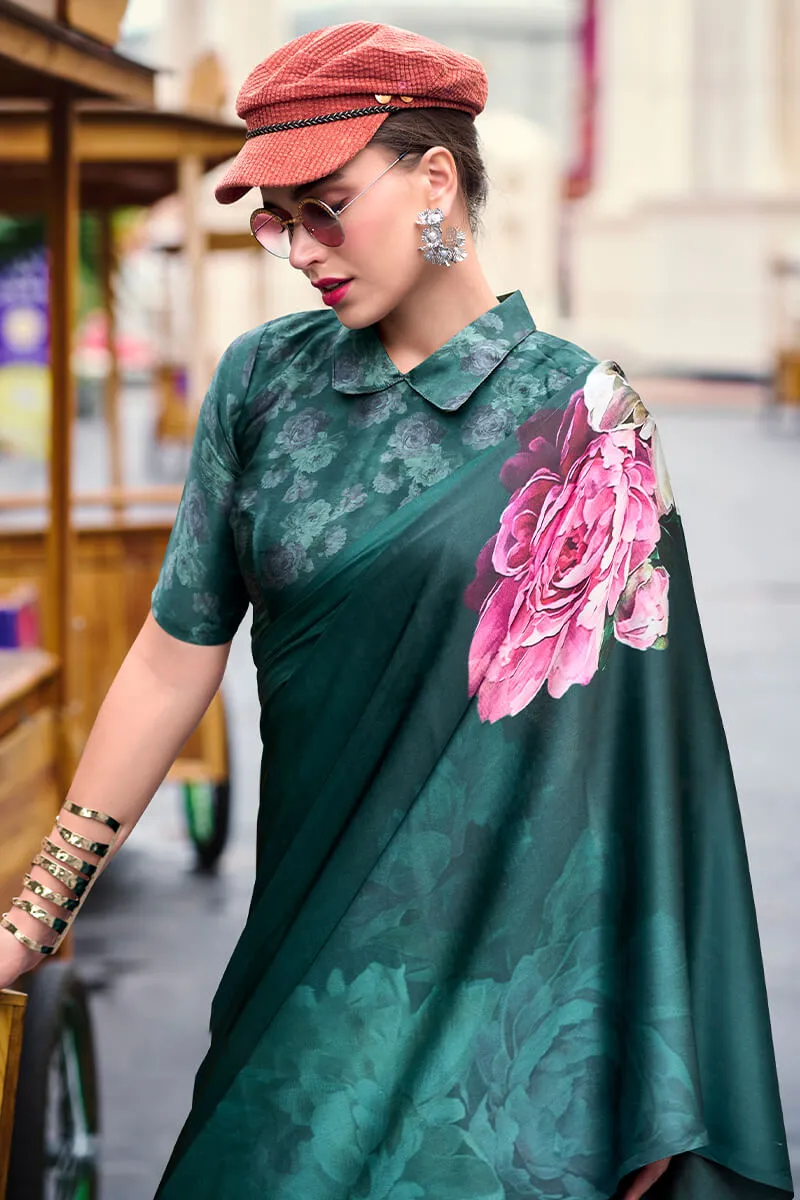 Pleasant Dark Green Digital Printed Satin Silk Saree With Stunner Blouse Piece