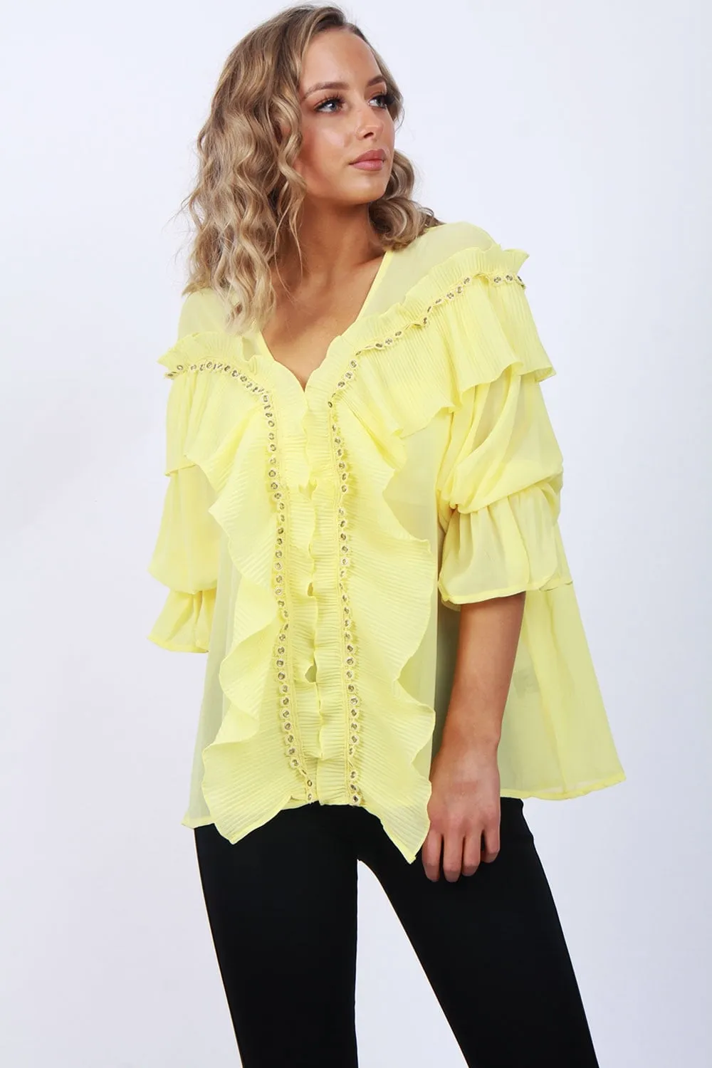 Pleated Ruffle Eyelet Detail Blouse on Ruffle Sleeve Sheer Blouse Top