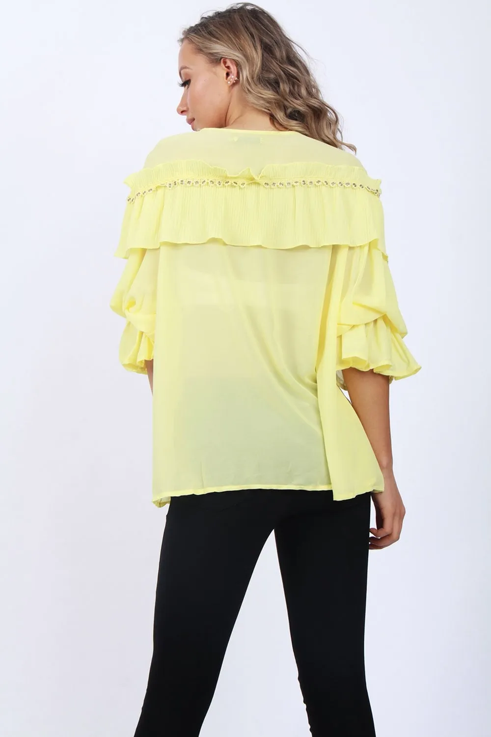 Pleated Ruffle Eyelet Detail Blouse on Ruffle Sleeve Sheer Blouse Top