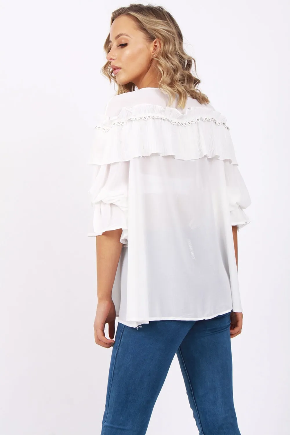 Pleated Ruffle Eyelet Detail Blouse on Ruffle Sleeve Sheer Blouse Top