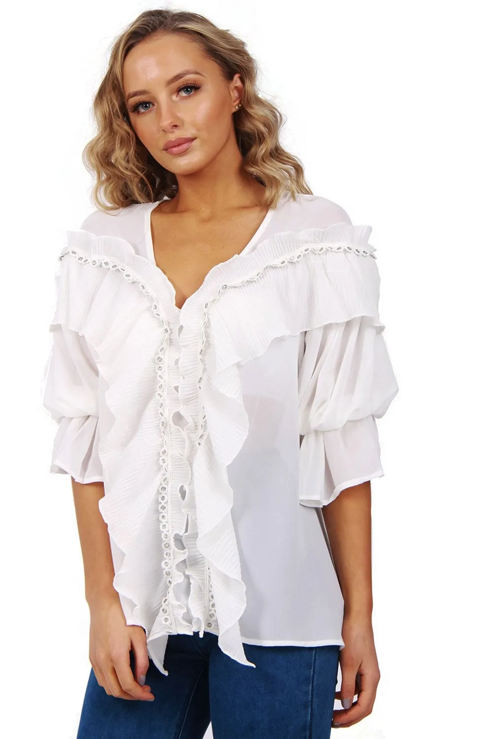 Pleated Ruffle Eyelet Detail Blouse on Ruffle Sleeve Sheer Blouse Top