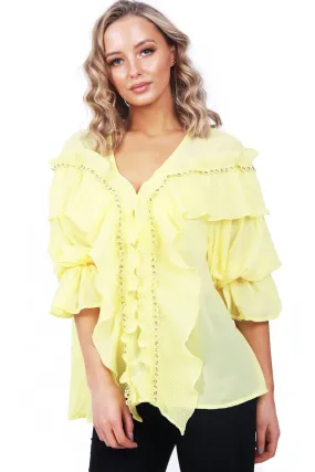 Pleated Ruffle Eyelet Detail Blouse on Ruffle Sleeve Sheer Blouse Top