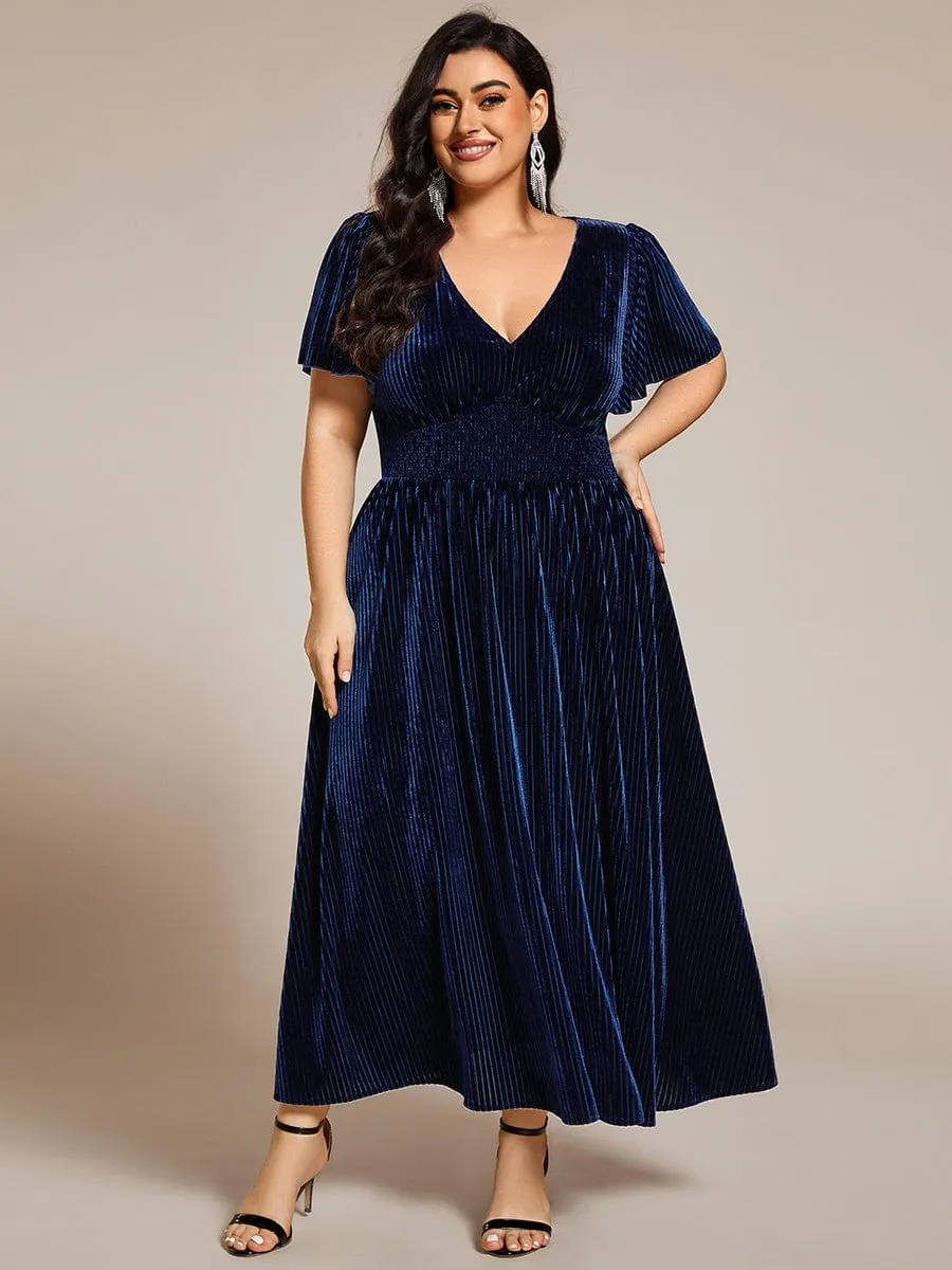 Plus Size A-line V-Neck Short Sleeve Pleated Velvet Fall Wedding Guest Dress