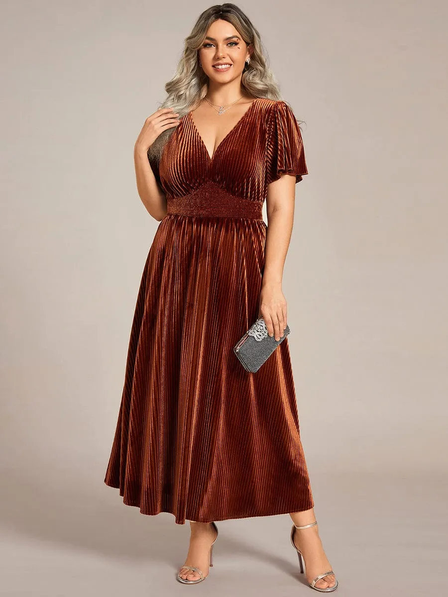 Plus Size A-line V-Neck Short Sleeve Pleated Velvet Fall Wedding Guest Dress