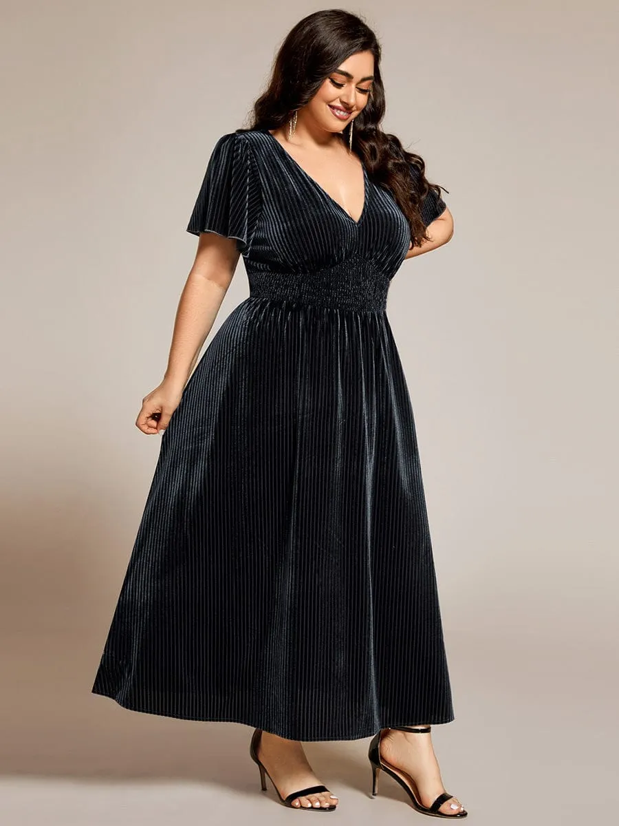 Plus Size A-line V-Neck Short Sleeve Pleated Velvet Fall Wedding Guest Dress