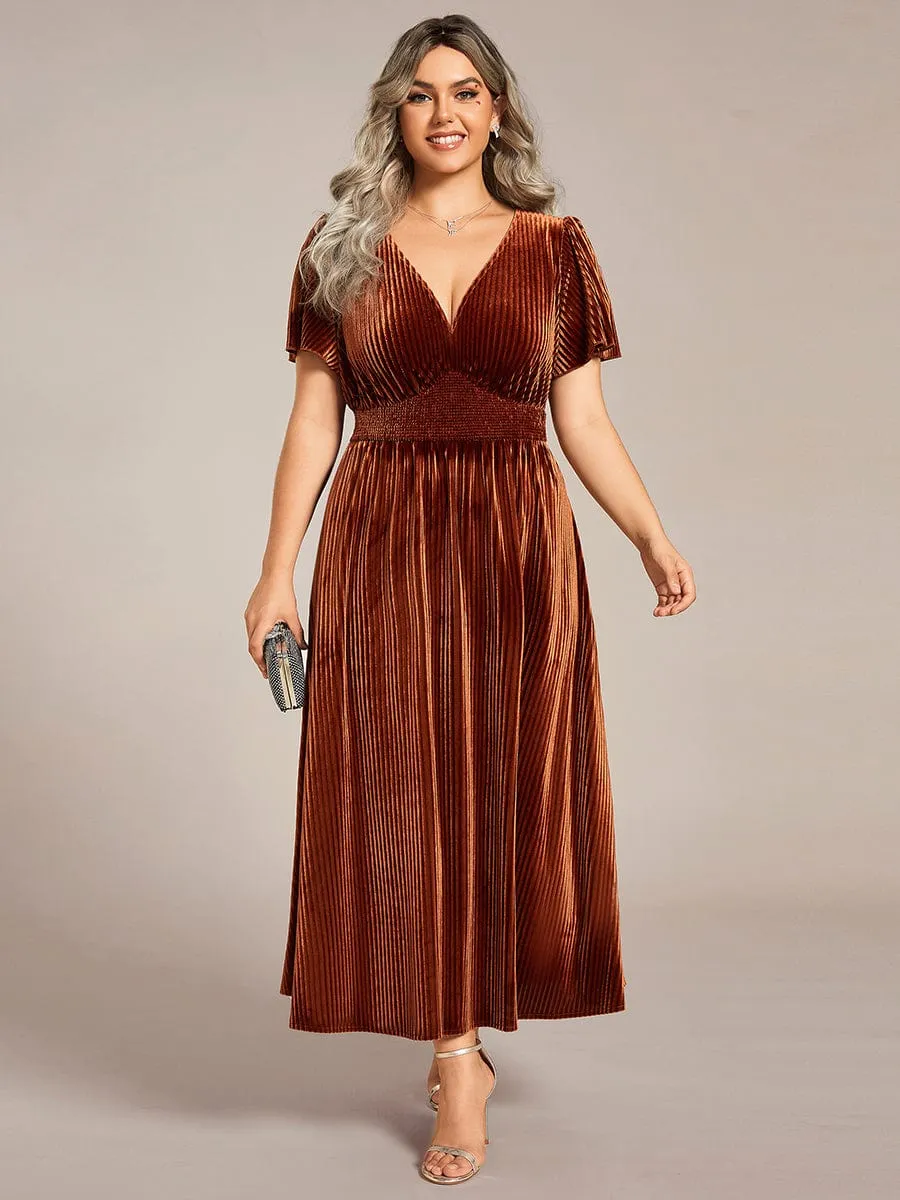 Plus Size A-line V-Neck Short Sleeve Pleated Velvet Fall Wedding Guest Dress