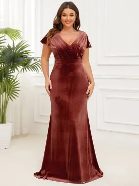 Plus Size Velvet Pleated V-Neck Cap Sleeve Column Floor-Length Evening Dress(Final Sale)