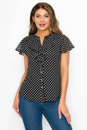 Printed V Neck Ruffle Front Button Up Short Sleeve Shirt