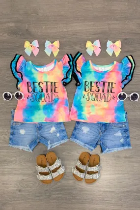 "Bestie Squad" Tie Dye Ruffle Short Sleeve Top