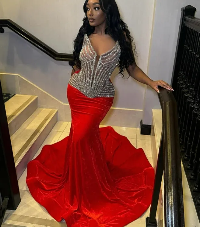 Red Velvet V Neck Long Prom Dress For Black Girls Beaded Birthday Party Dresses Mermaid Evening Gowns