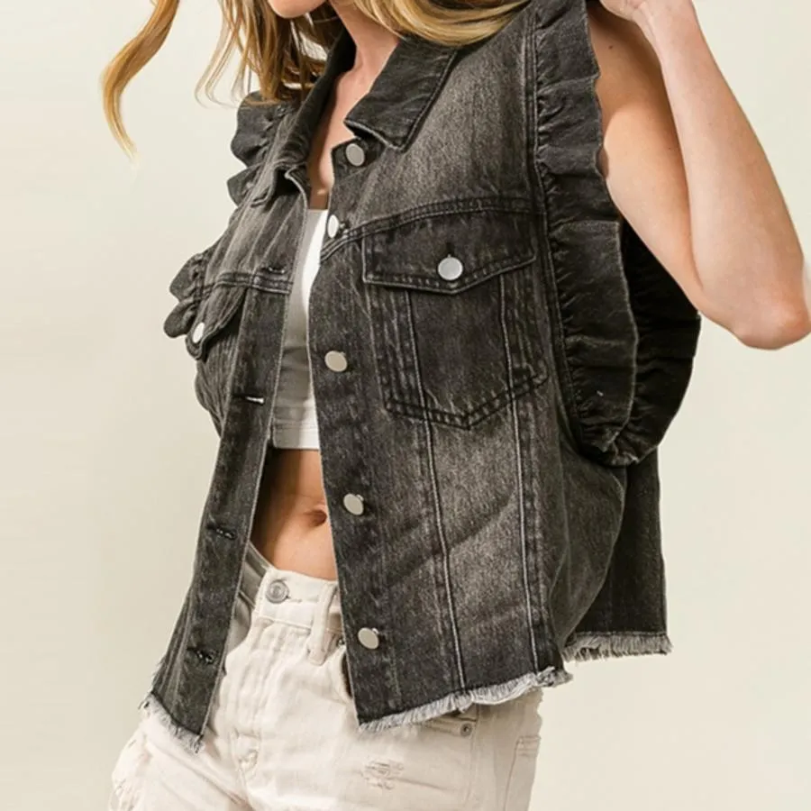 Ruffle Border Sleeveless Denim Jacket