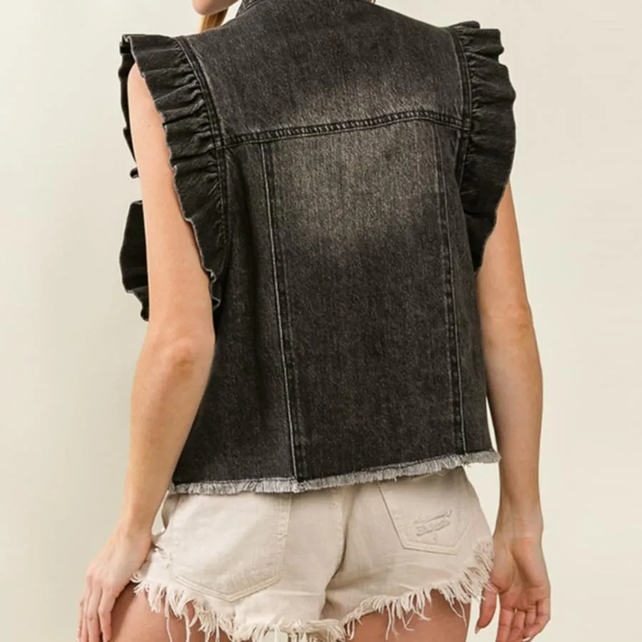 Ruffle Border Sleeveless Denim Jacket