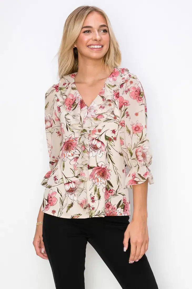 Ruffle Front V Neck Mix Media 3/4 Sleeve Blouse